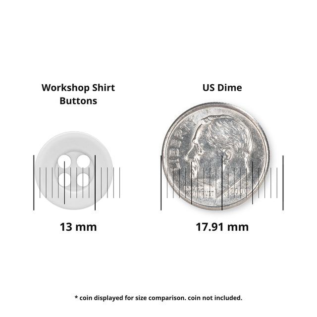 The Workshop Uniform Shirt Button, in white and measuring 13mm, is shown next to a 17.91mm US dime for size comparison. Its dimensions make it an ideal replacement button for industrial workwear, with measurements displayed in the image.