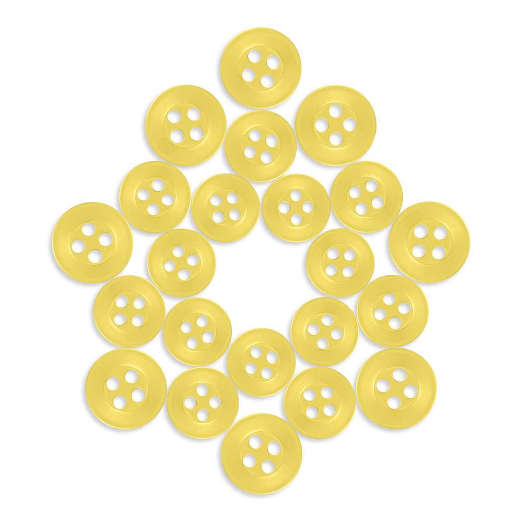 Twenty yellow Replacement Shirt Buttons, arranged in a diamond shape on a white background—ideal for any tailor’s kit.