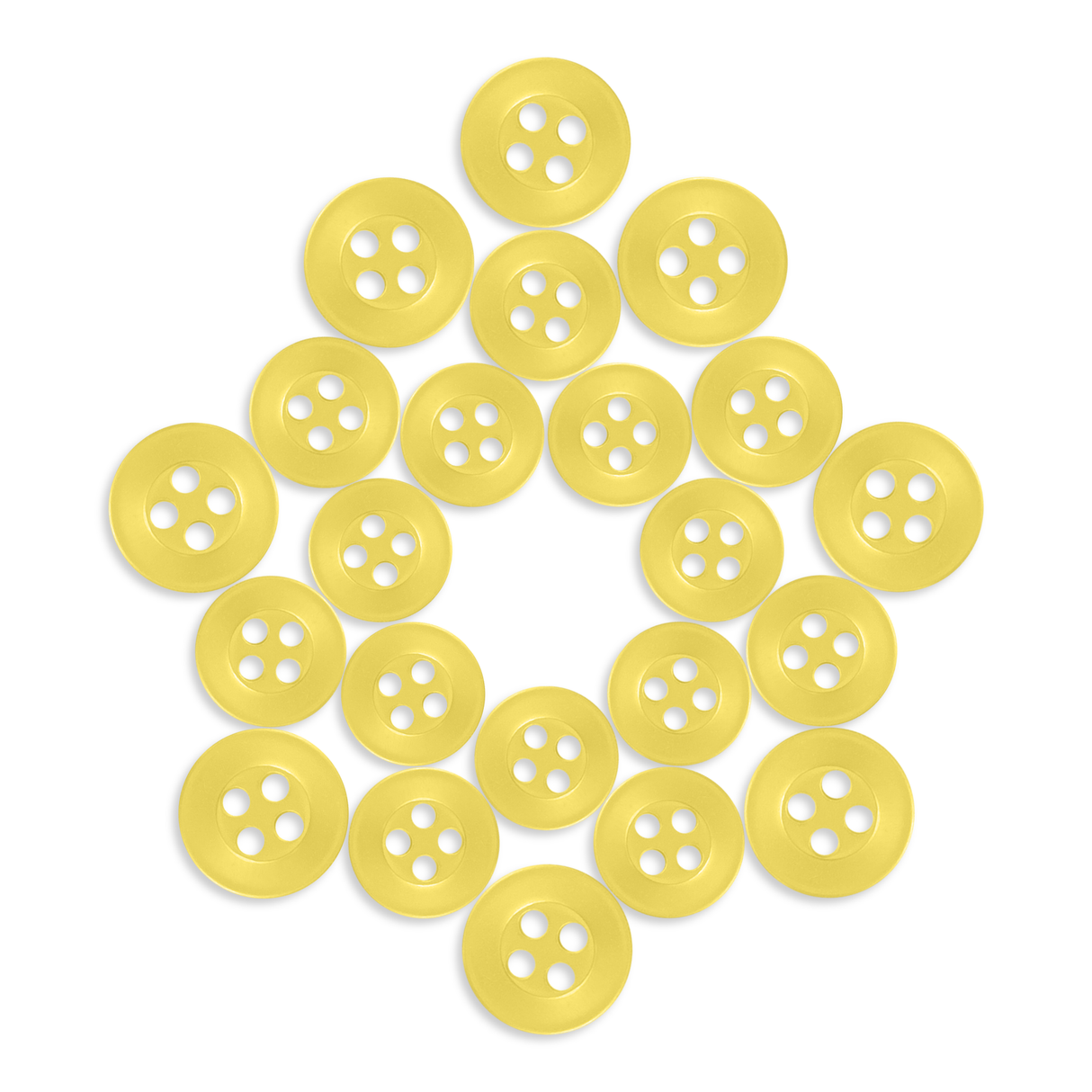 Twenty yellow Replacement Shirt Buttons, arranged in a diamond shape on a white background—ideal for any tailor’s kit.