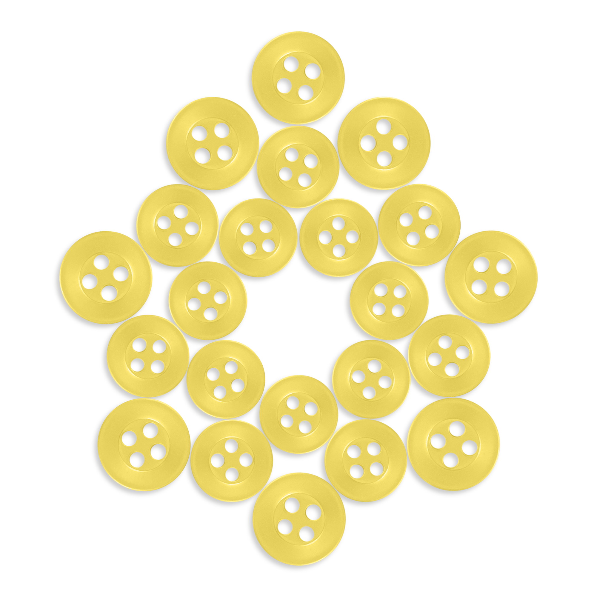 Twenty yellow Replacement Shirt Buttons, arranged in a diamond shape on a white background—ideal for any tailor’s kit.