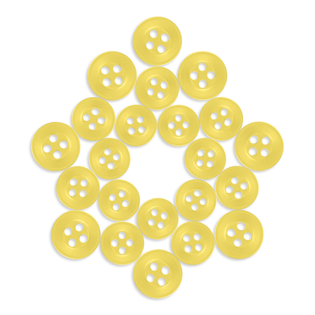 Twenty yellow Replacement Shirt Buttons, arranged in a diamond shape on a white background—ideal for any tailor’s kit.