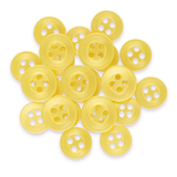 A pile of Replacement Shirt Buttons—round, yellow, four-hole poly-nylon—rests on a white background.