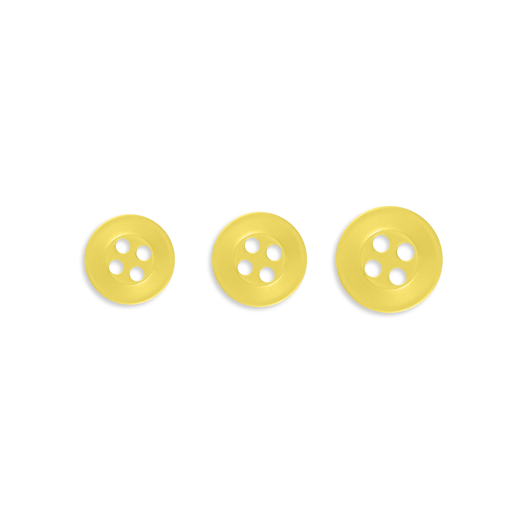 Three Replacement Shirt Buttons in yellow, durable and increasing in size, arranged in a row on a white background.