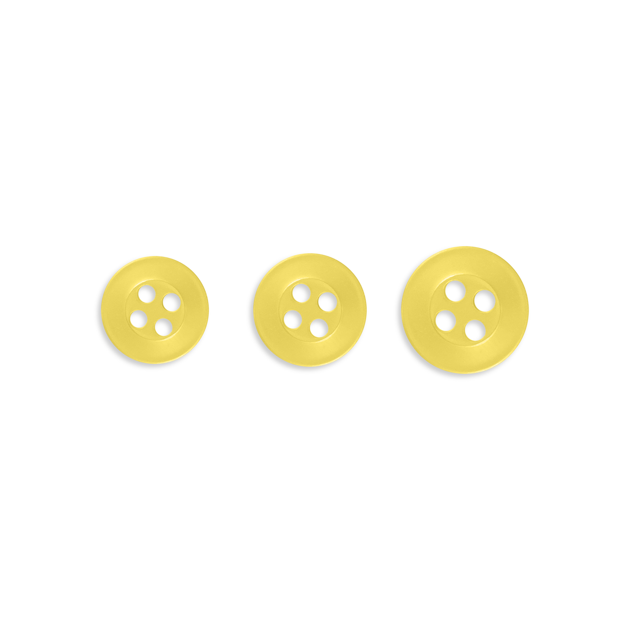 Three Replacement Shirt Buttons in yellow, durable and increasing in size, arranged in a row on a white background.