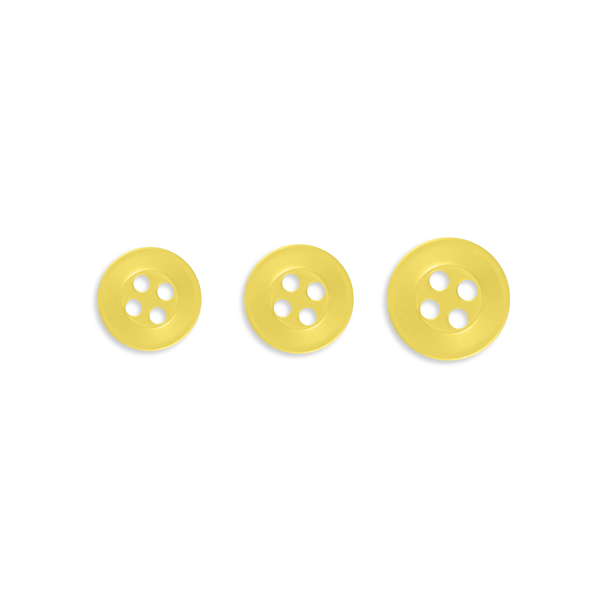 Three Replacement Shirt Buttons in yellow, durable and increasing in size, arranged in a row on a white background.