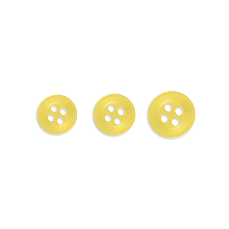 Three Replacement Shirt Buttons in yellow, durable and increasing in size, arranged in a row on a white background.