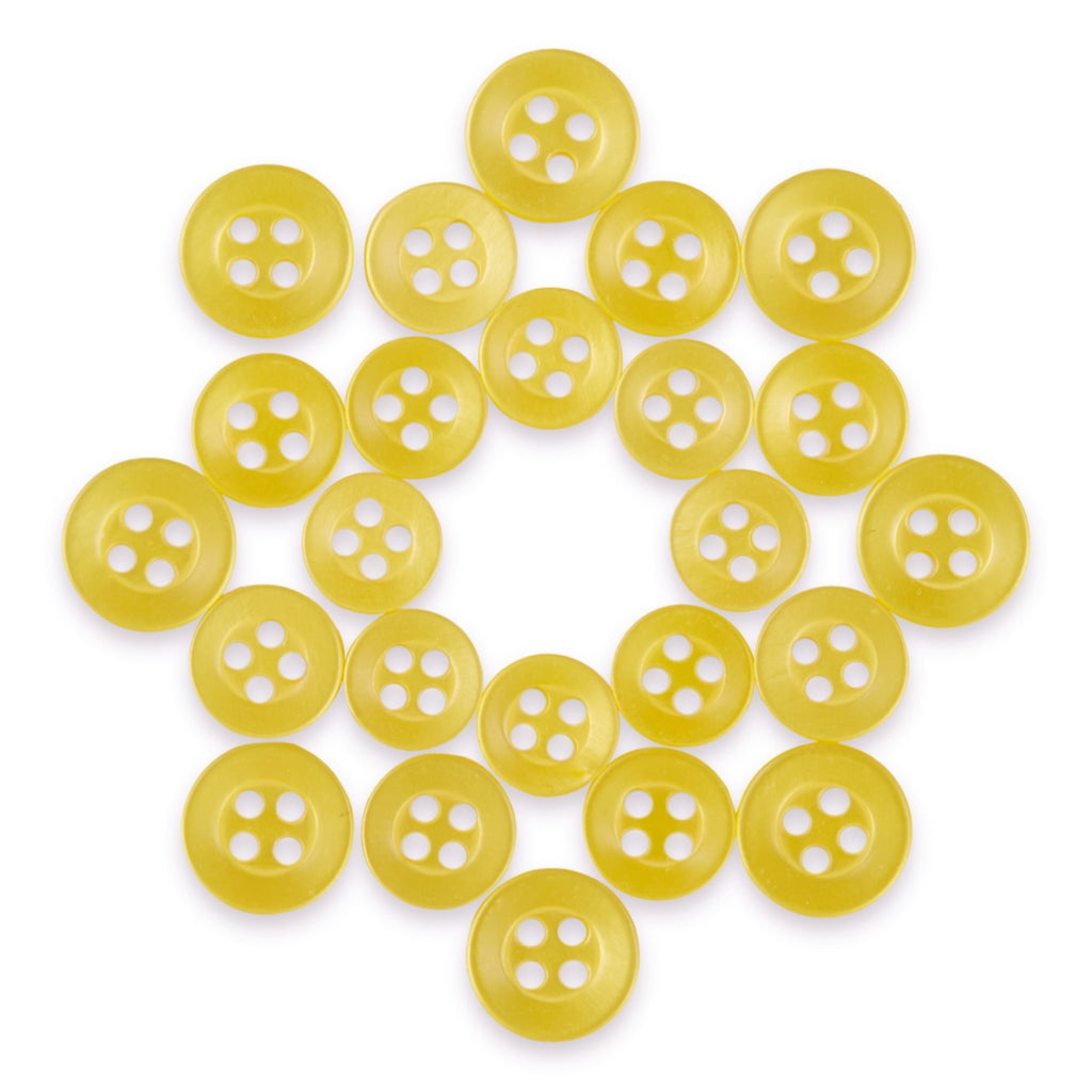 Replacement Shirt Buttons in yellow poly-nylon with a matte finish are arranged in a circle on a white background, leaving an open space at the center.