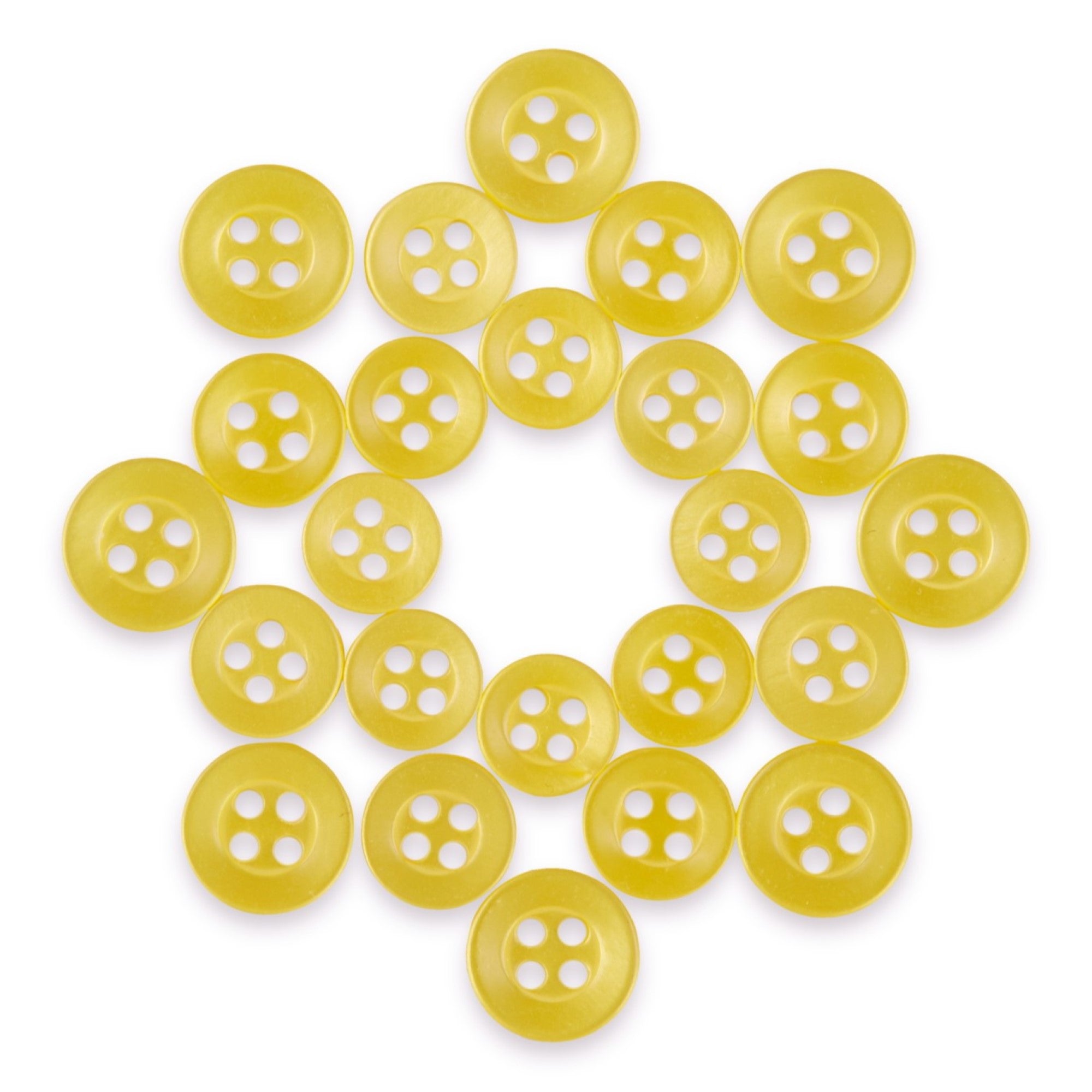 Replacement Shirt Buttons in yellow poly-nylon with a matte finish are arranged in a circle on a white background, leaving an open space at the center.