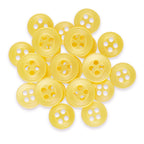 A pile of Replacement Shirt Buttons made from yellow poly-nylon with a matte finish and four holes, arranged on a white background.