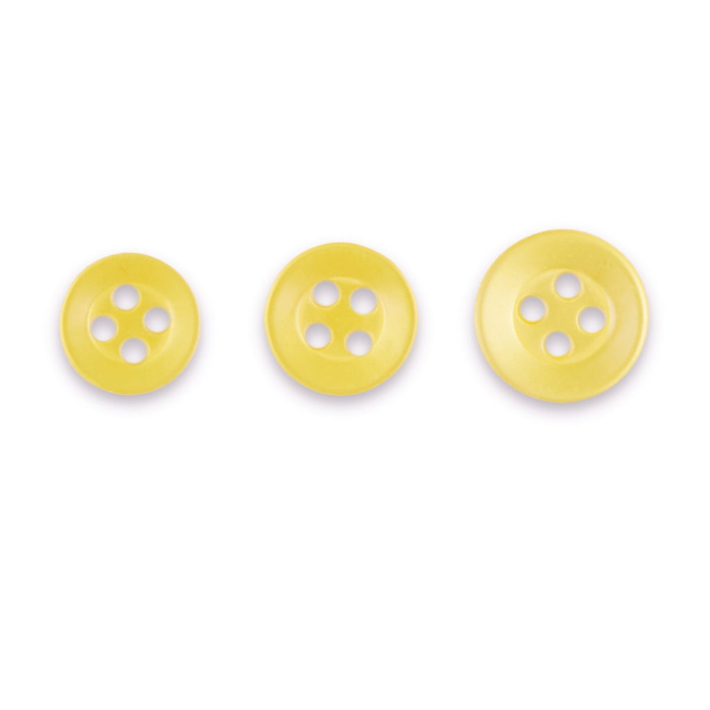 Three yellow Replacement Shirt Buttons, each with four holes and assorted sizes, are arranged in a row on a white background—ideal for any tailor’s kit or professional garment repair.