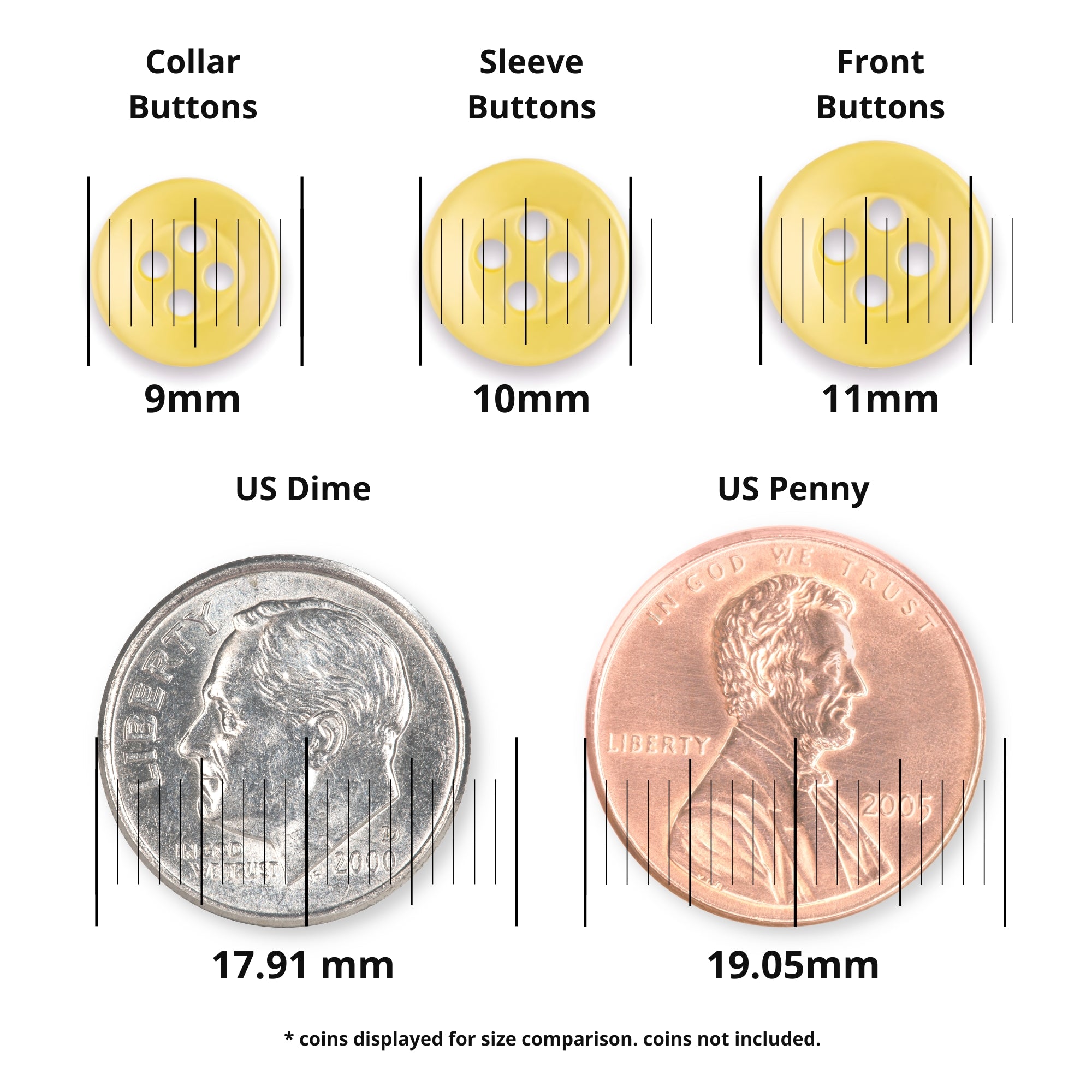Three Replacement Shirt Buttons in yellow poly-nylon (sizes: 9mm, 10mm, 11mm) and two coins (17.91mm, 19.05mm) for size comparison—perfect for professional garment repairs or your tailor’s kit.