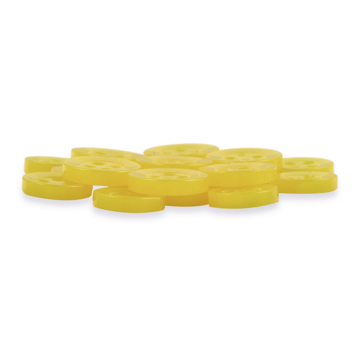 A pile of Replacement Shirt Buttons—round, flat, yellow, and durable—on a white background.