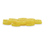 A pile of Replacement Shirt Buttons—round, flat, yellow, and durable—on a white background.