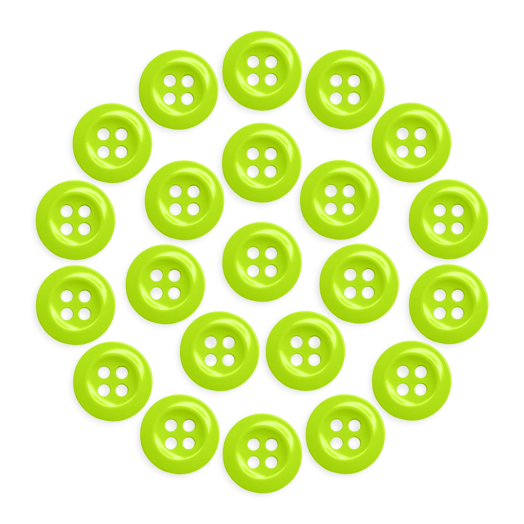 Twenty-two round green Work Shirt Buttons from the 22 Pack, arranged in a circular pattern on a white background to highlight their industrial durability.
