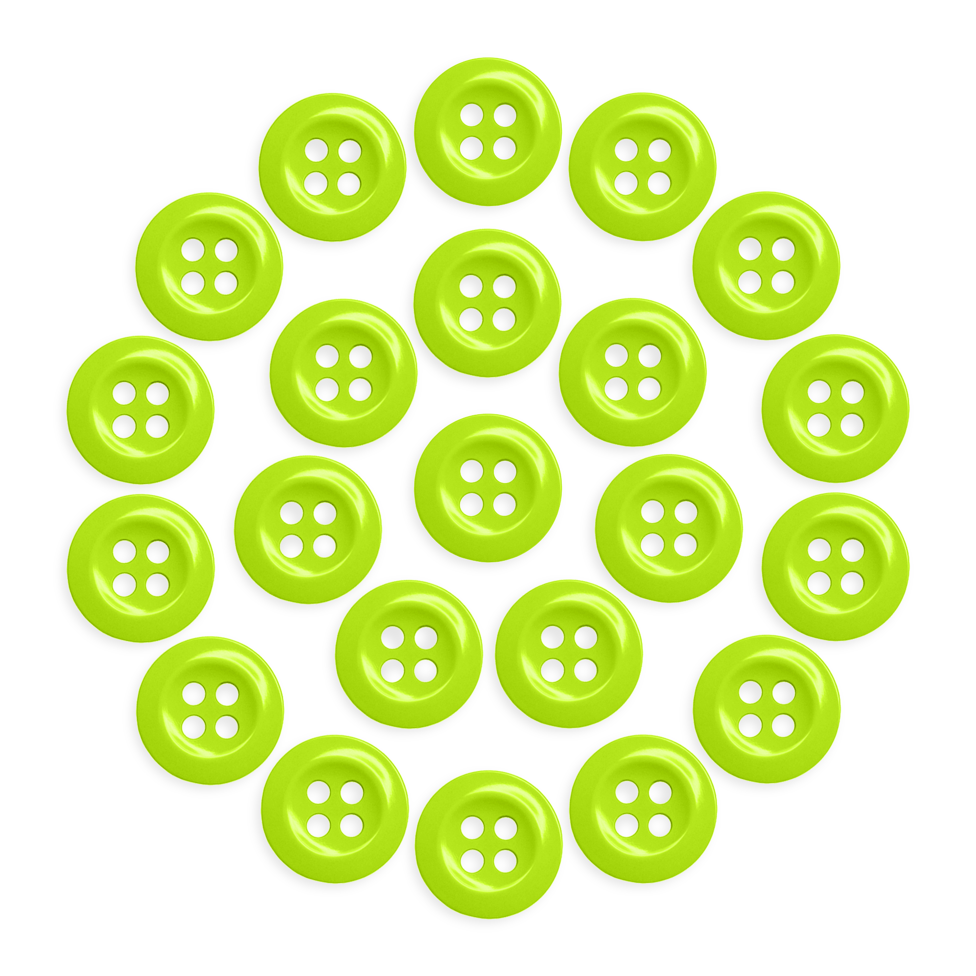 Twenty-two round green Work Shirt Buttons from the 22 Pack, arranged in a circular pattern on a white background to highlight their industrial durability.