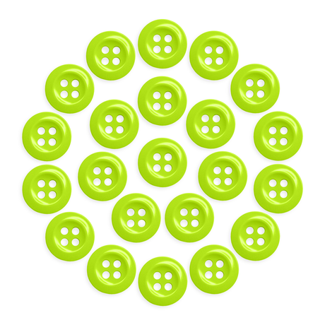 Twenty bright green Work Shirt Buttons, each with four holes, are arranged in a circle on a white background.