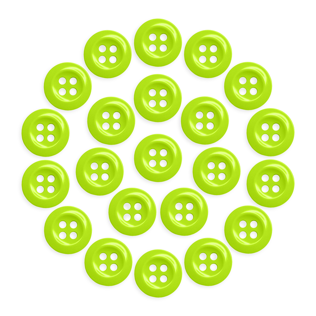 Twenty bright green Work Shirt Buttons, each with four holes, are arranged in a circle on a white background.