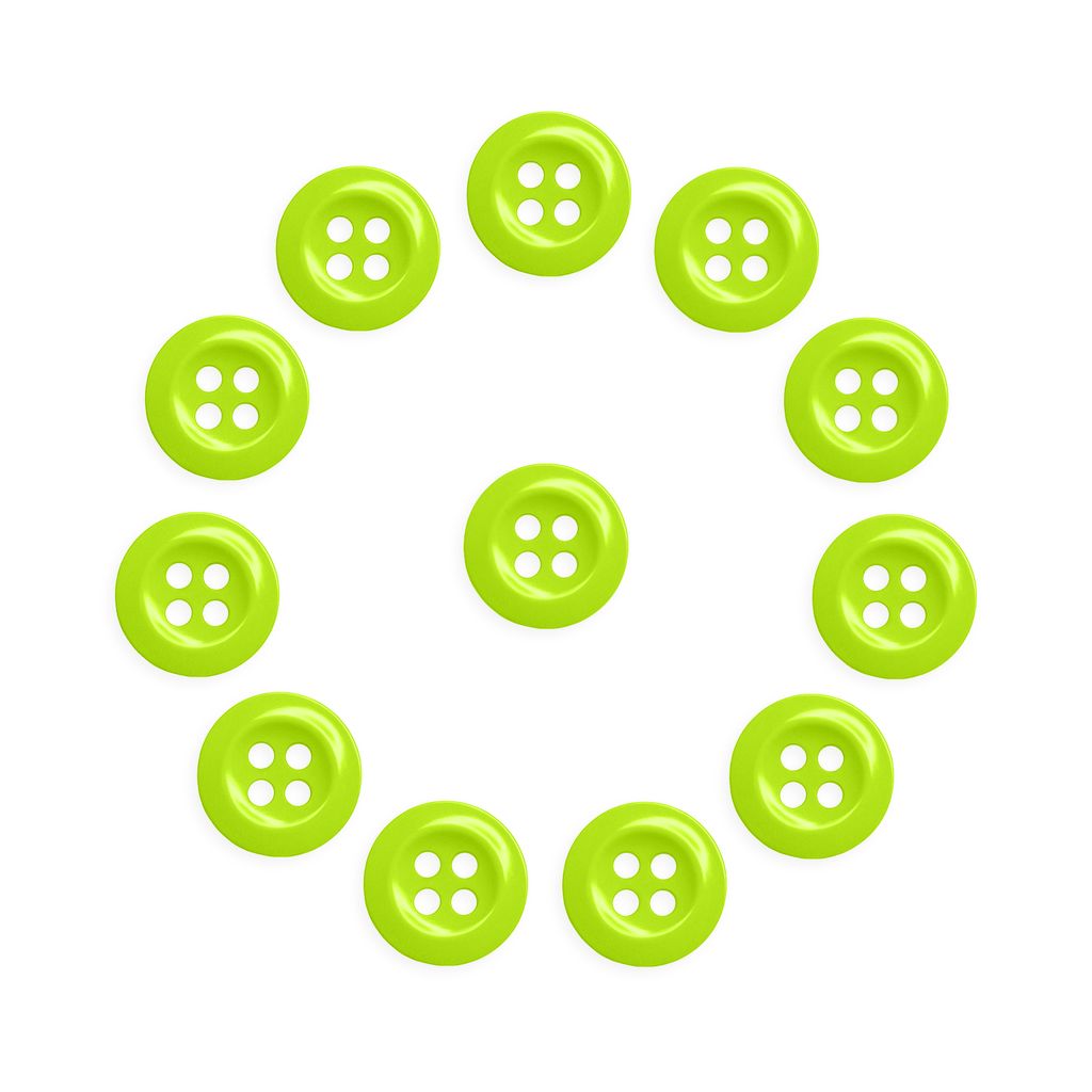 The Work Shirt Buttons 12 Pack features twelve green industrial buttons arranged in a circle with one button in the center, displayed on a white background.