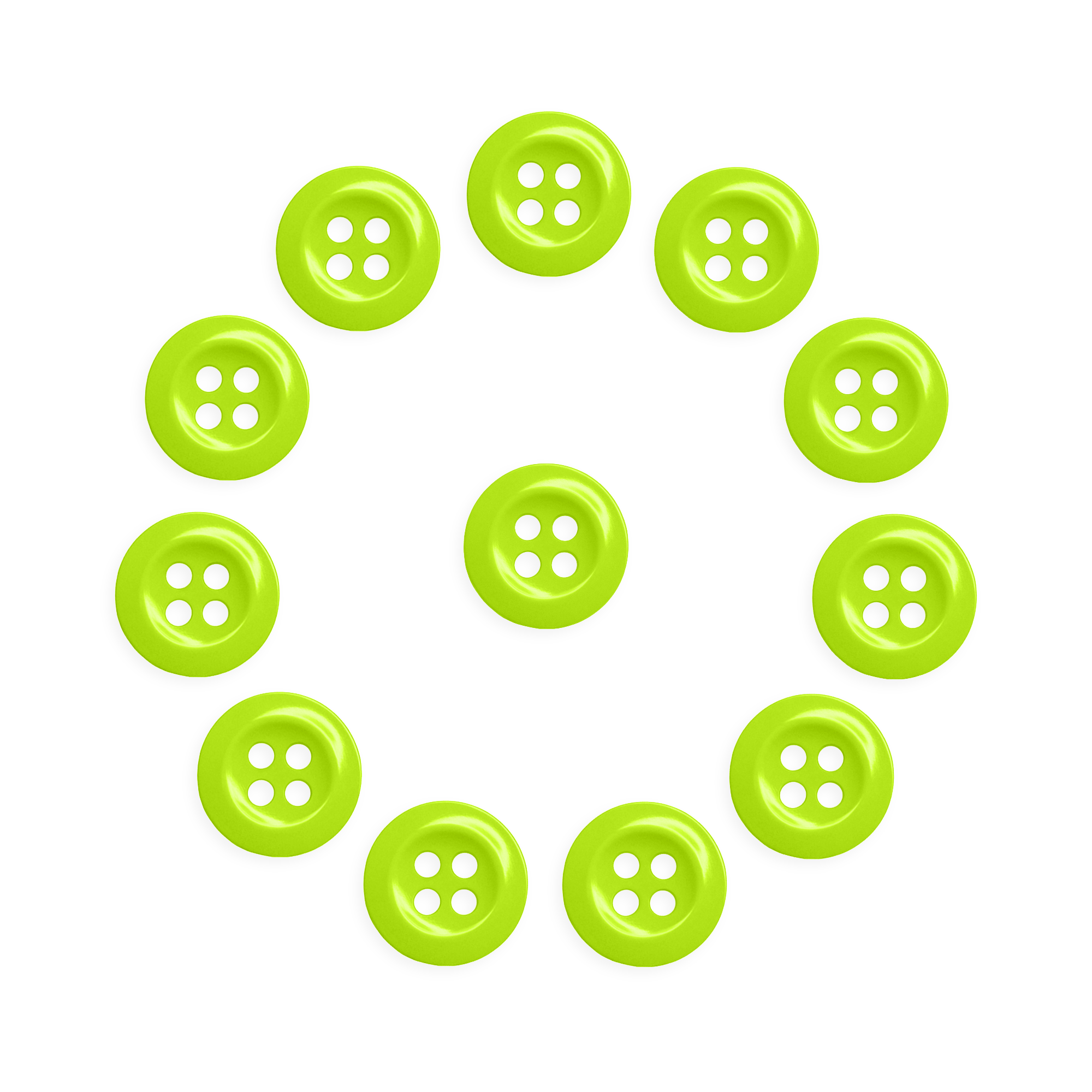 The Work Shirt Buttons 12 Pack features twelve green industrial buttons arranged in a circle with one button in the center, displayed on a white background.
