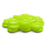 A pile of Work Shirt Buttons in bright neon green plastic, military spec with four holes, stacked and scattered on a white background.