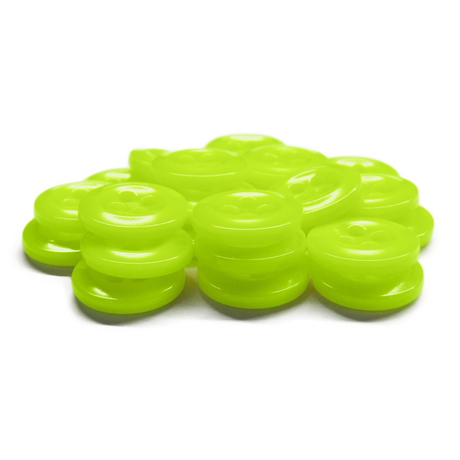 A pile of Work Shirt Buttons in bright neon green plastic, military spec with four holes, stacked and scattered on a white background.