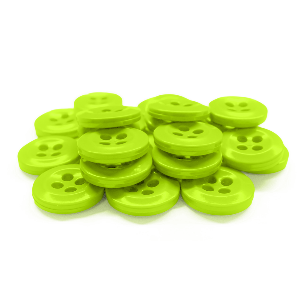 A stack of vibrant green Work Shirt Buttons 12 Pack, featuring four holes and durable construction, shown on a white background.