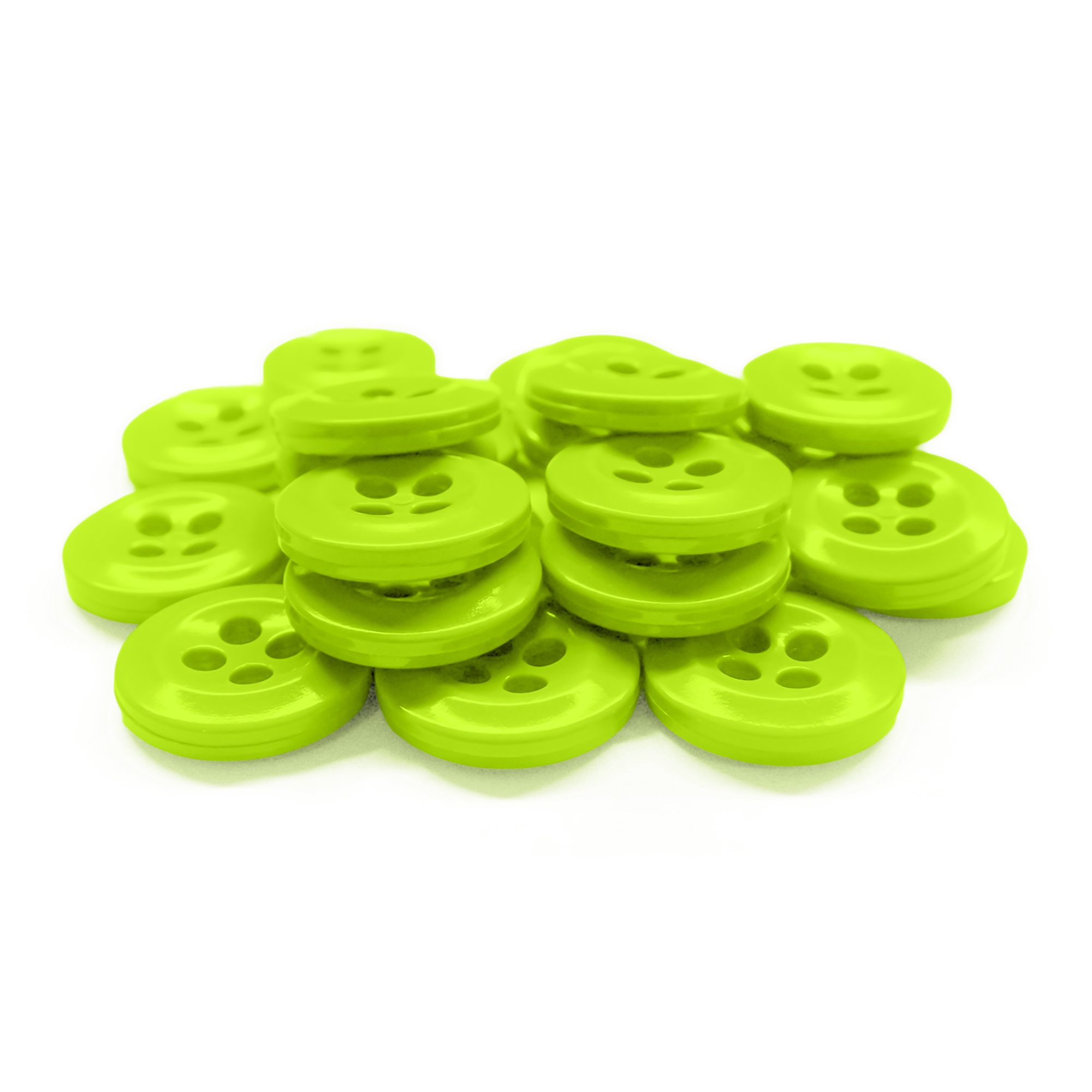 A stack of vibrant green Work Shirt Buttons 12 Pack, featuring four holes and durable construction, shown on a white background.