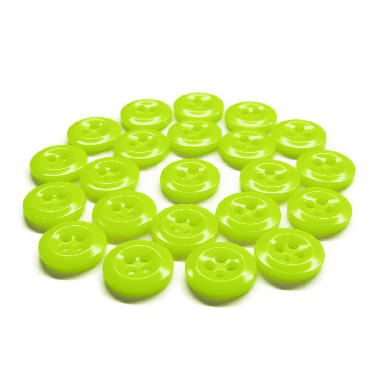 A circular arrangement of bright green Work Shirt Buttons displayed on a white background.