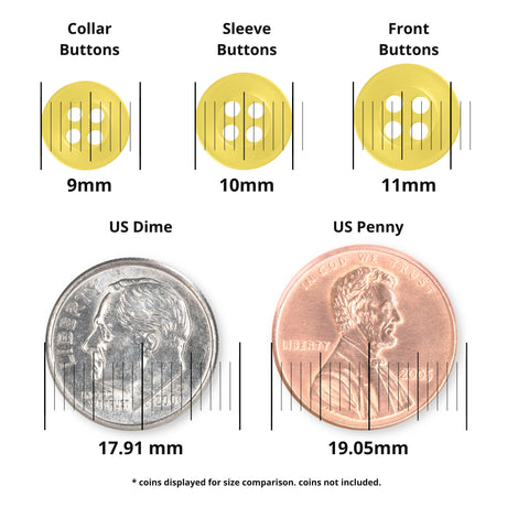 Three yellow Replacement Shirt Buttons in various sizes shown above a dime and penny for size comparison—ideal additions to any tailor's repair kit.