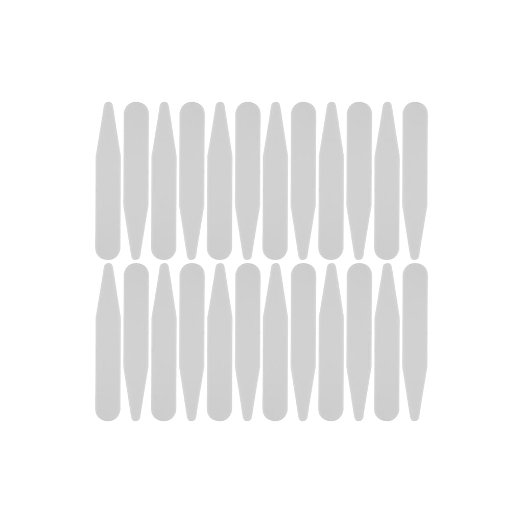 Twenty identical vertical Collar Stays, made of gray plastic, are arranged in a grid pattern on a white background.