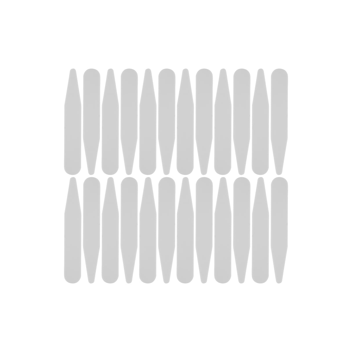 Twenty identical vertical Collar Stays, made of gray plastic, are arranged in a grid pattern on a white background.