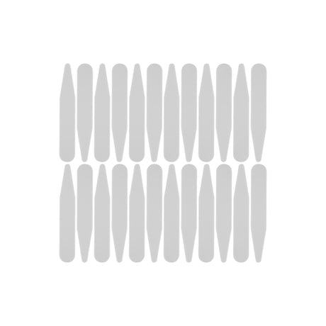 Twenty identical vertical Collar Stays, made of gray plastic, are arranged in a grid pattern on a white background.