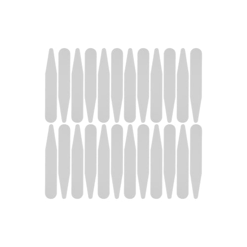 Twenty identical vertical Collar Stays, made of gray plastic, are arranged in a grid pattern on a white background.