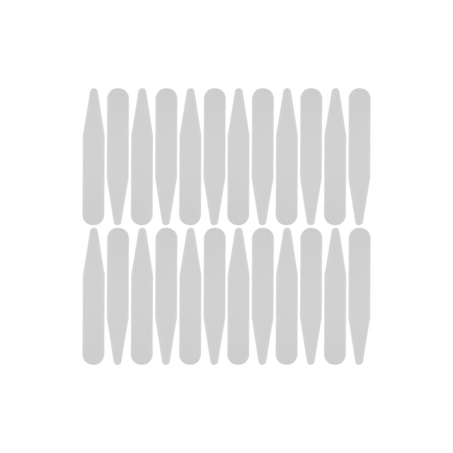 Twenty identical vertical Collar Stays, made of gray plastic, are arranged in a grid pattern on a white background.