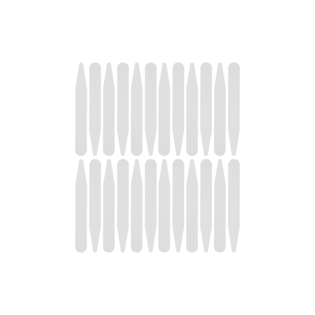 Sixteen vertical, rounded gray Collar Stays are displayed in a 4x4 grid on a white background, each crafted to deliver reliable support for your shirt collar.