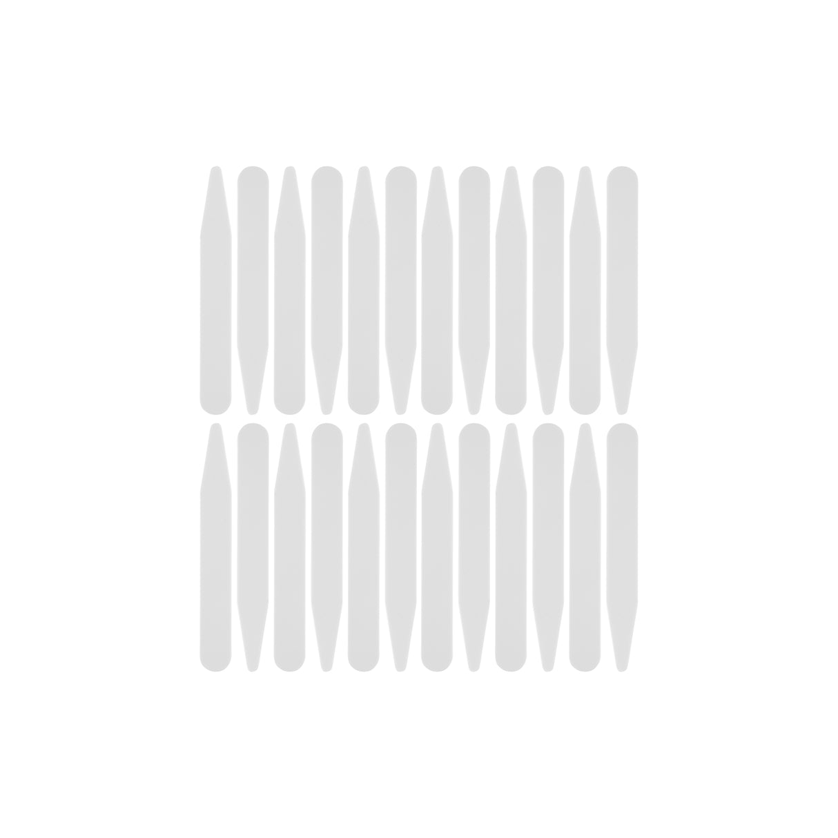 Sixteen vertical, rounded gray Collar Stays are displayed in a 4x4 grid on a white background, each crafted to deliver reliable support for your shirt collar.