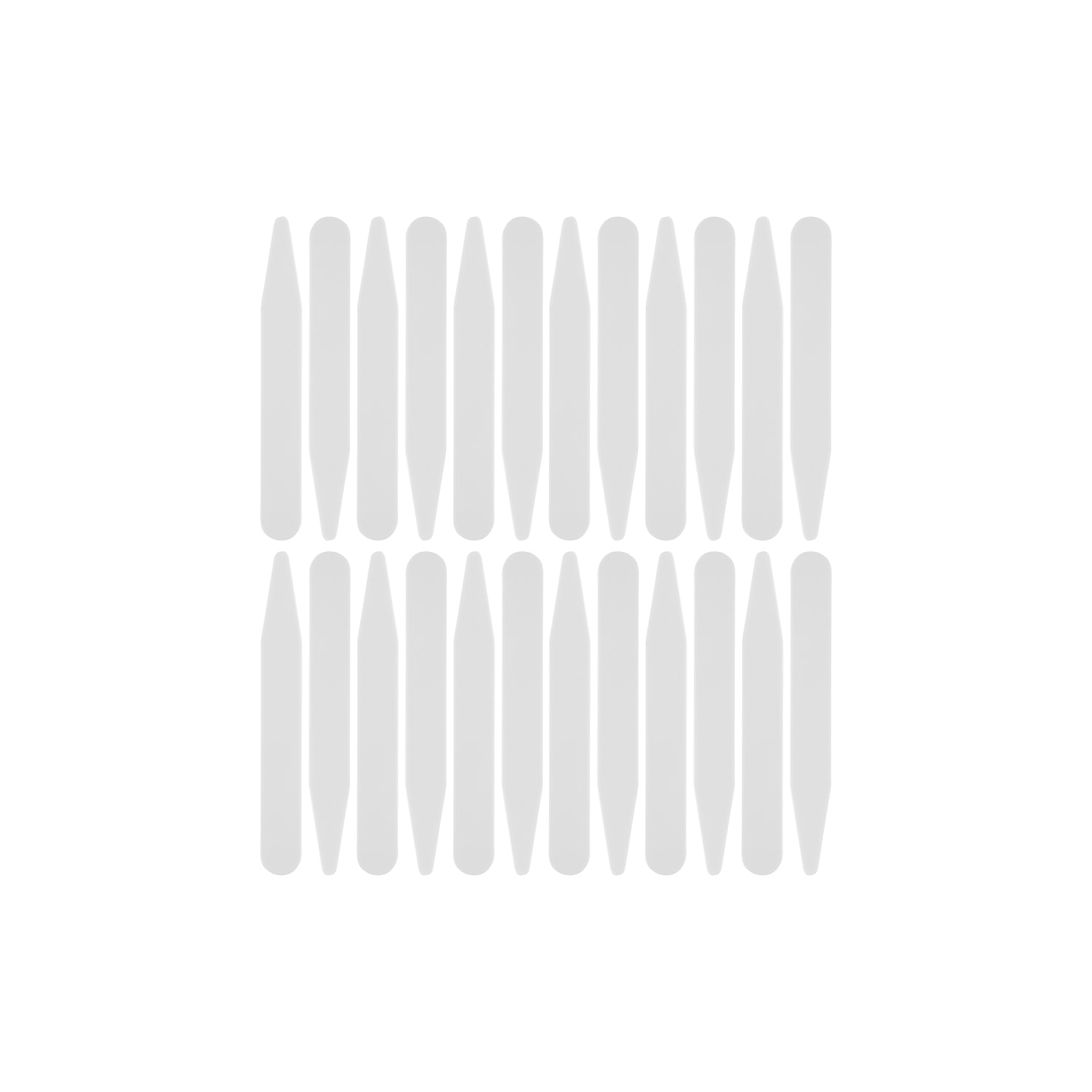 Sixteen vertical, rounded gray Collar Stays are displayed in a 4x4 grid on a white background, each crafted to deliver reliable support for your shirt collar.