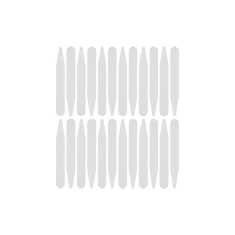 Sixteen vertical, rounded gray Collar Stays are displayed in a 4x4 grid on a white background, each crafted to deliver reliable support for your shirt collar.